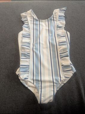 Minnow Kids One-Piece Swimsuit — Blue & White Stripes with Ruffle Trim